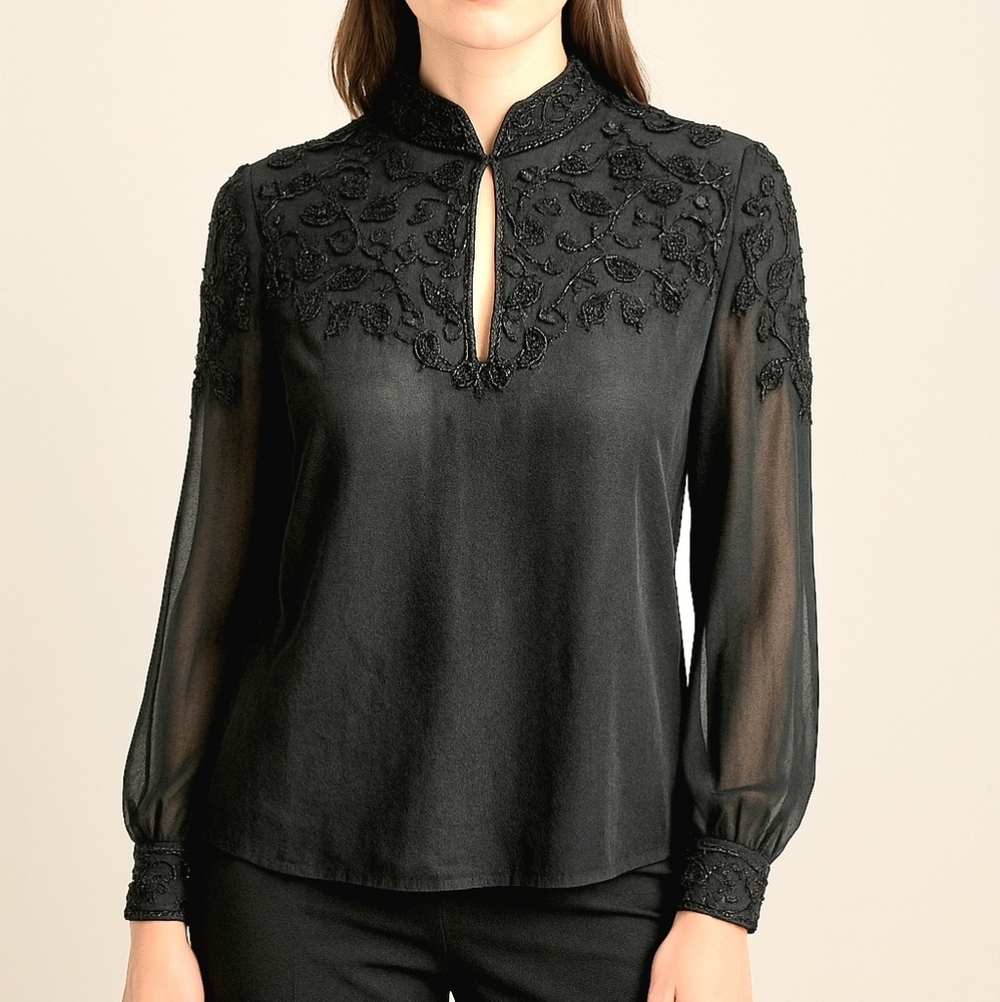 Blacktie by Oleg Cassini Silk Beaded Mock Neck Blouse | Size 6 | NWT
